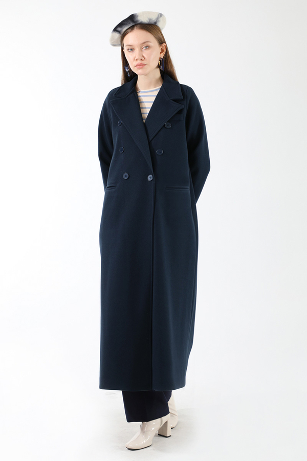 Uzun Oversize Kaşe Kaban Lacivert - 5