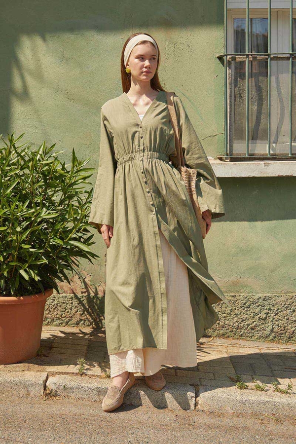 V Neck Abaya Khaki  - 1
