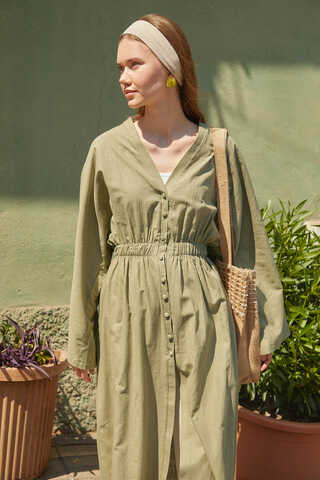 V Neck Abaya Khaki  - 3