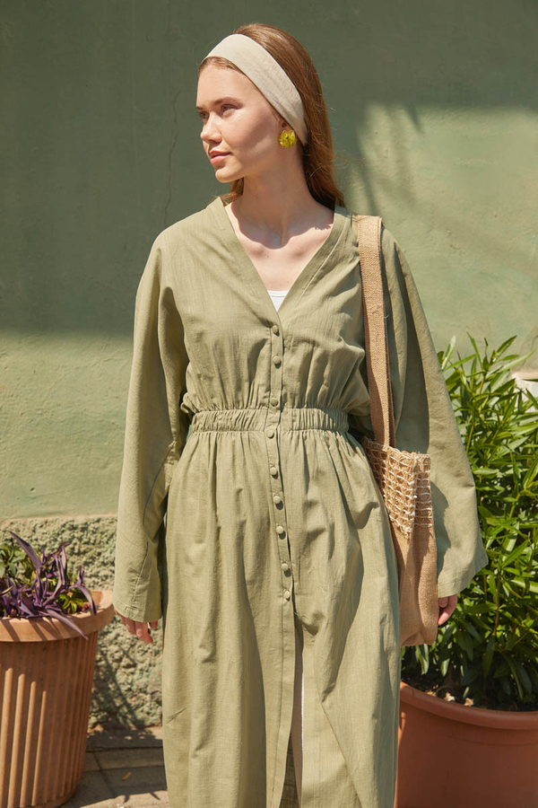 V Neck Abaya Khaki - 3