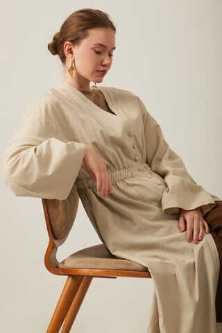 V Neck Abaya Stone - 1