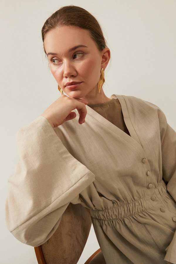 V Neck Abaya Stone - 12