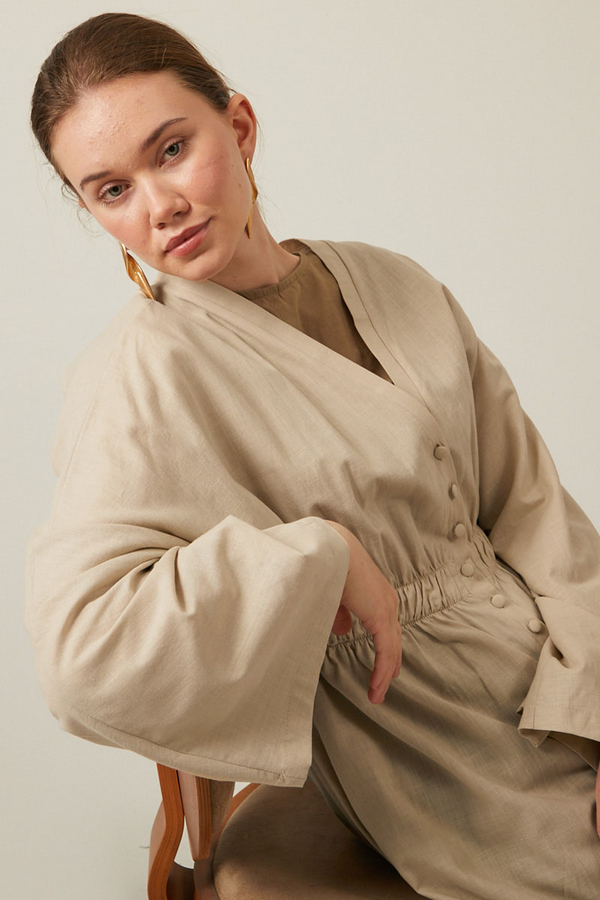 V Neck Abaya Stone - 13