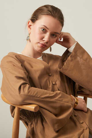 V Neck Abaya Tan - 13