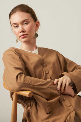 V Neck Abaya Tan - 14