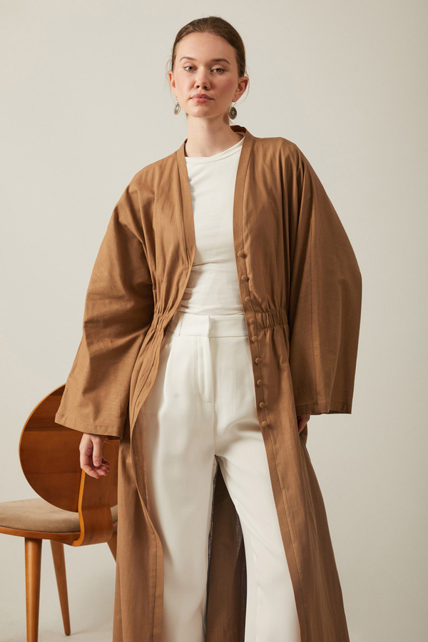 V Neck Abaya Tan 