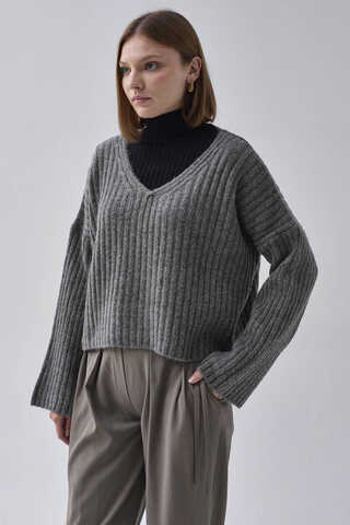 V Neck Crop Knit Sweater Anthracite - 4