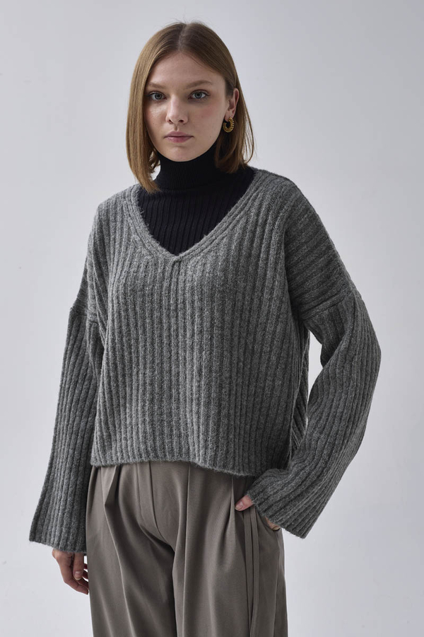 V Neck Crop Knit Sweater Anthracite - 5