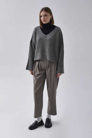V Neck Crop Knit Sweater Anthracite - 2