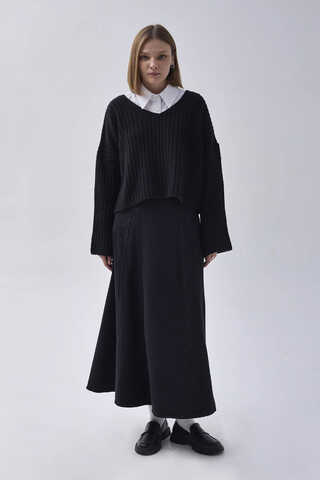 V Neck Crop Knit Sweater Black - 3