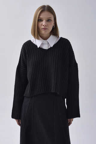 V Neck Crop Knit Sweater Black - 8