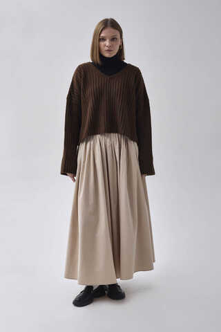 V Neck Crop Knit Sweater Brown - 1