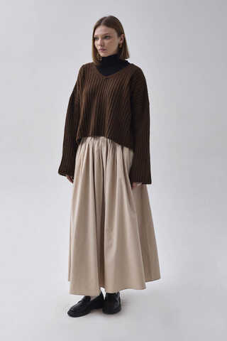 V Neck Crop Knit Sweater Brown - 2