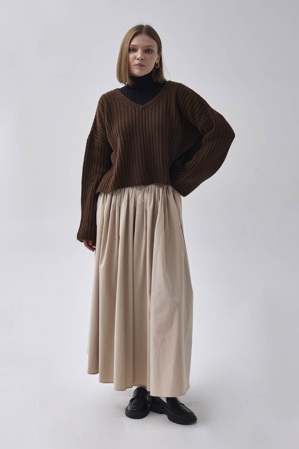 V Neck Crop Knit Sweater Brown - 3