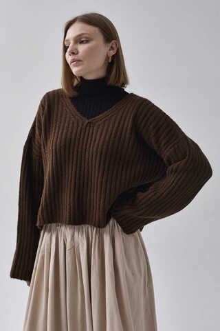 V Neck Crop Knit Sweater Brown - 5