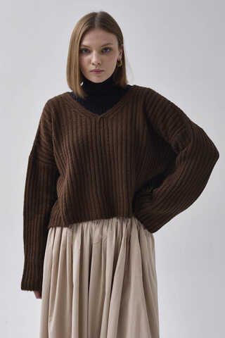 V Neck Crop Knit Sweater Brown - 7