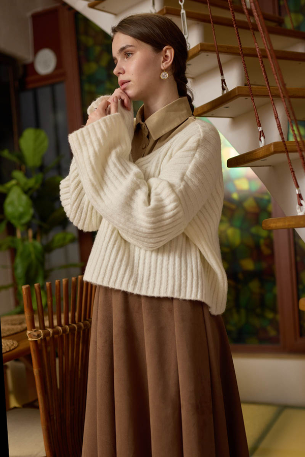 V Neck Crop Knit Sweater Ecru - 3