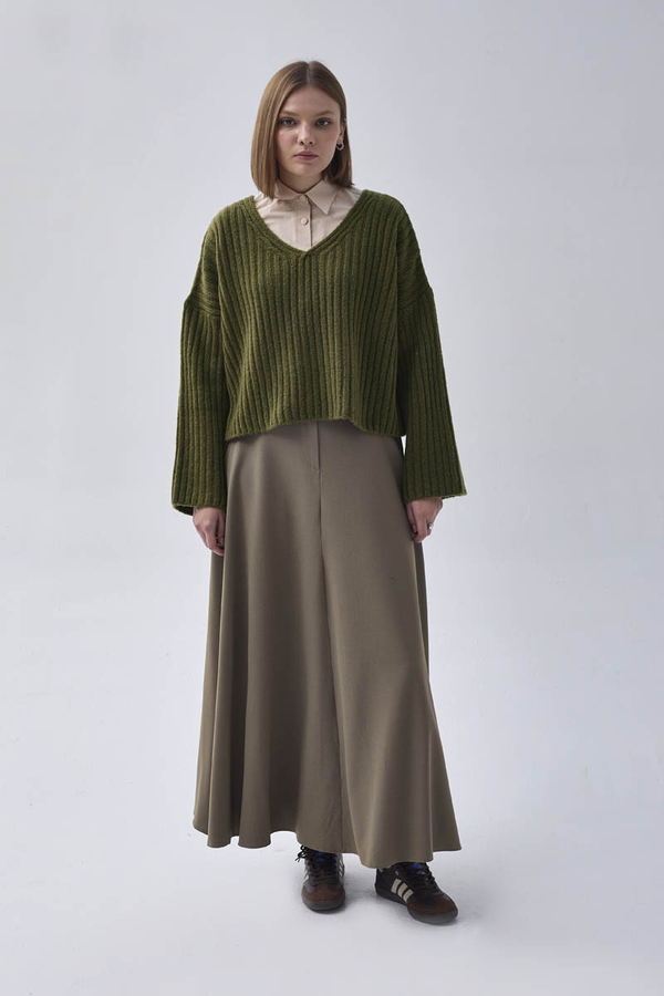 V Neck Crop Knit Sweater Khaki - 2