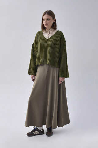 V Neck Crop Knit Sweater Khaki - 3