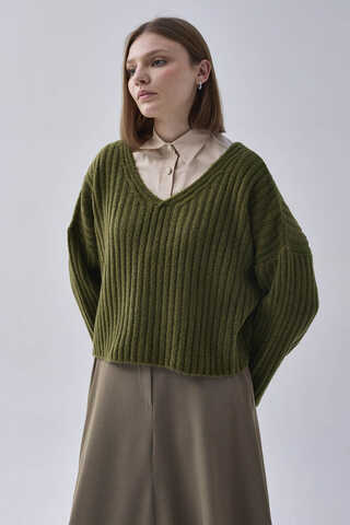 V Neck Crop Knit Sweater Khaki - 5