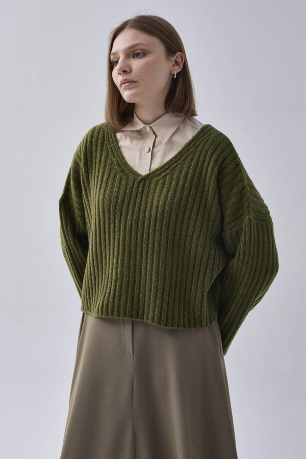 V Neck Crop Knit Sweater Khaki - 5