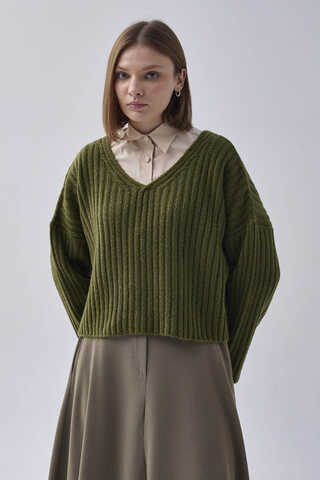 V Neck Crop Knit Sweater Khaki - 6