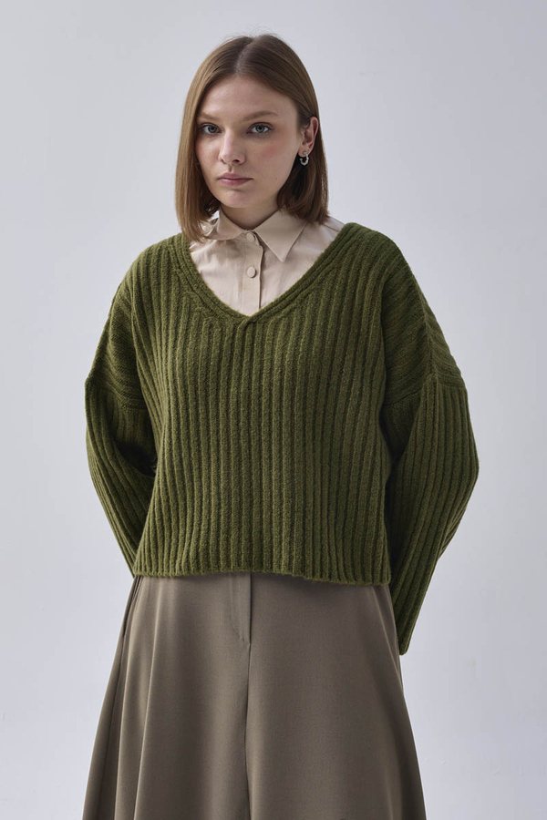 V Neck Crop Knit Sweater Khaki - 6