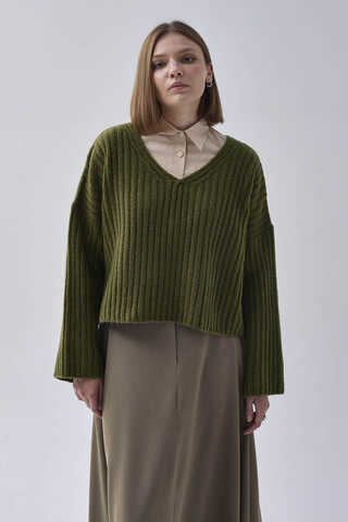 V Neck Crop Knit Sweater Khaki - 8