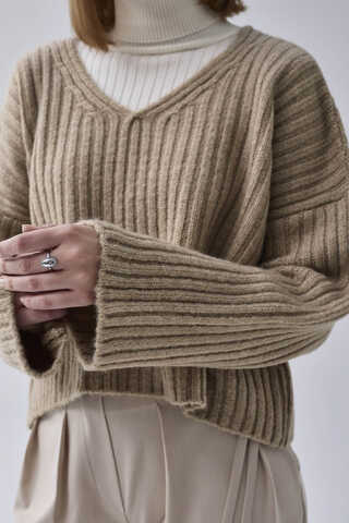 V Neck Crop Knit Sweater Mink - 3