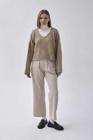 V Neck Crop Knit Sweater Mink (1)