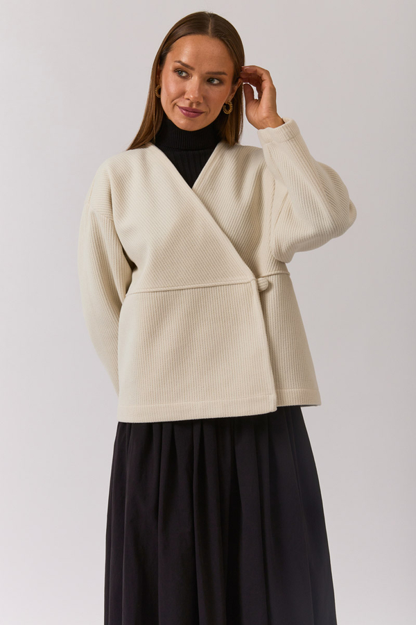 V Neck Double Breasted Jacket Ecru - 6