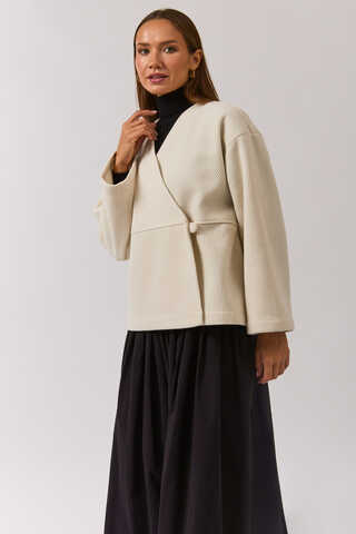 V Neck Double Breasted Jacket Ecru - 7