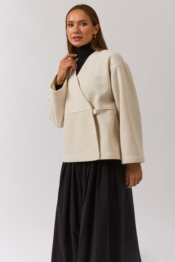 V Neck Double Breasted Jacket Ecru - 7