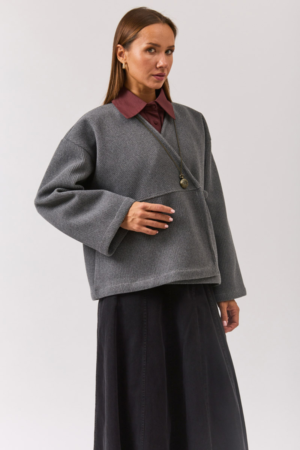 V Neck Double Breasted Jacket Grey - 4