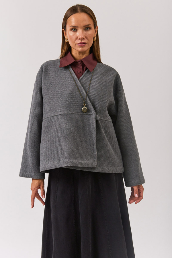 V Neck Double Breasted Jacket Grey - 5