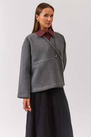 V Neck Double Breasted Jacket Grey - 6