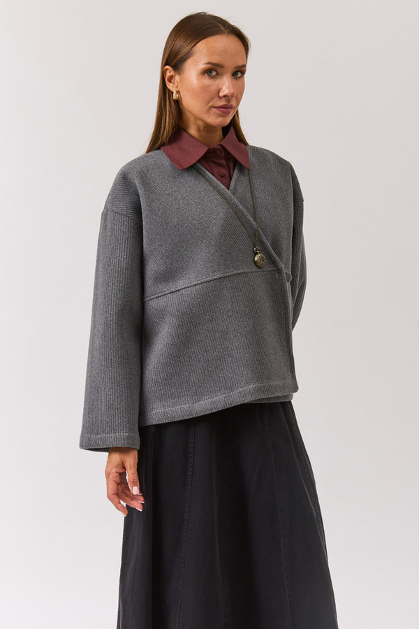 V Neck Double Breasted Jacket Grey - 6