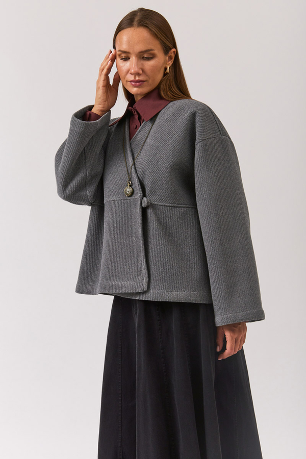 V Neck Double Breasted Jacket Grey - 1