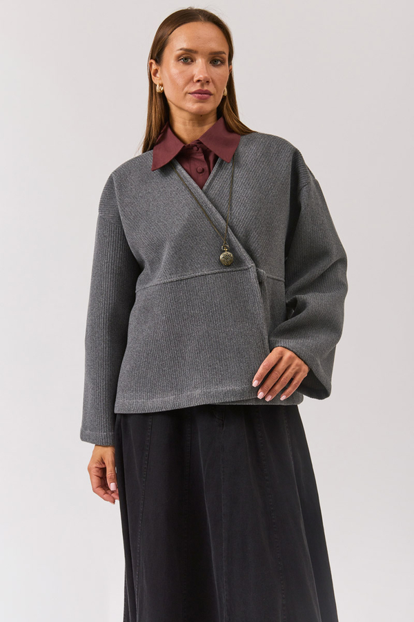 V Neck Double Breasted Jacket Grey - 7