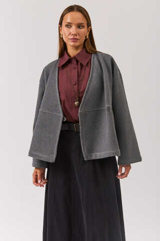 V Neck Double Breasted Jacket Grey - 12