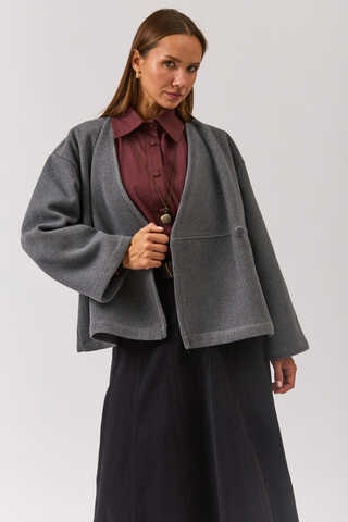 V Neck Double Breasted Jacket Grey - 13