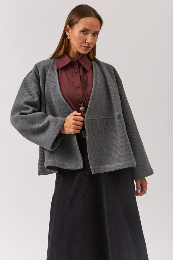 V Neck Double Breasted Jacket Grey - 13