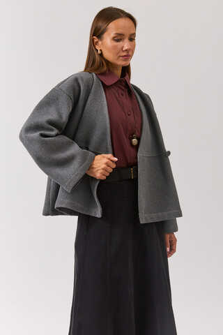 V Neck Double Breasted Jacket Grey - 14