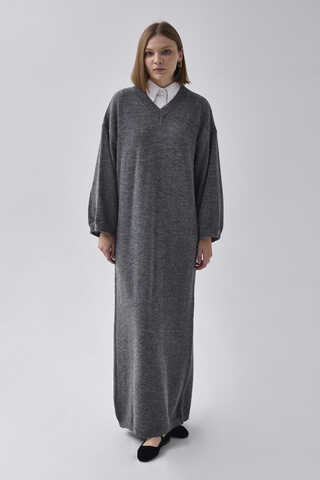 V-Neck Knit Dress Anthracite - 2