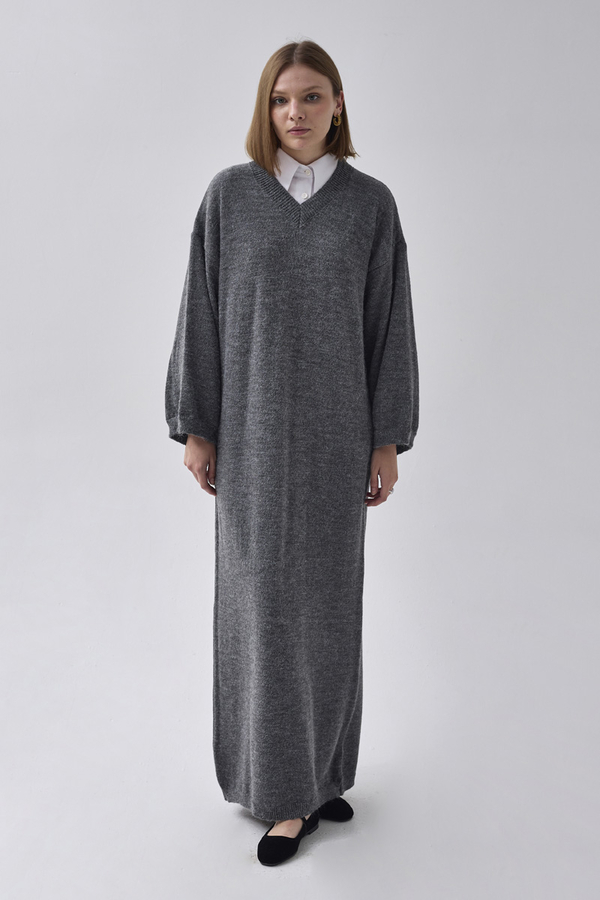 V-Neck Knit Dress Anthracite - 2