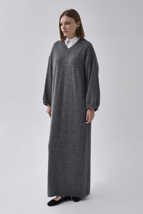 V-Neck Knit Dress Anthracite - 3