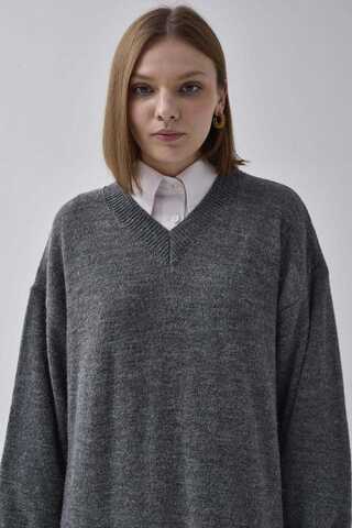 V-Neck Knit Dress Anthracite - 1