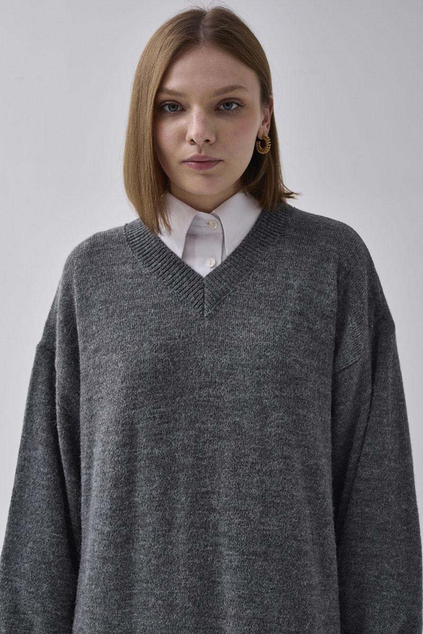 V-Neck Knit Dress Anthracite - 1