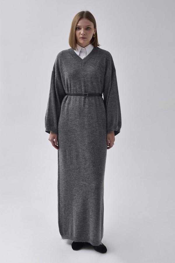 V-Neck Knit Dress Anthracite - 4