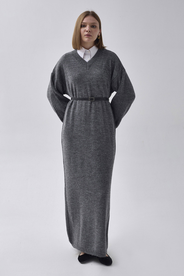 V-Neck Knit Dress Anthracite - 5